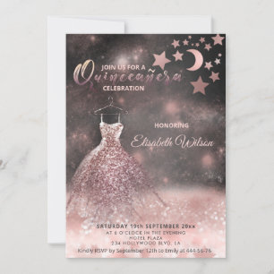 Invitation Romantique Rose or glitterie robe céleste