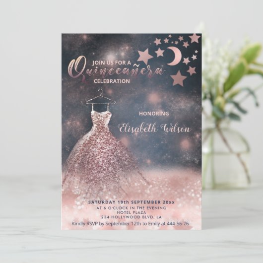 Invitation Romantique Rose or glitterie robe céleste (Debout devant)