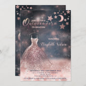 Invitation Romantique Rose or glitterie robe céleste (Devant / Derrière)