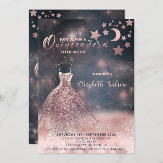 Invitation Romantique Rose or glitterie robe céleste (Devant / Derrière)