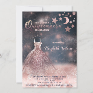 Invitation Romantique Rose or glitterie robe céleste
