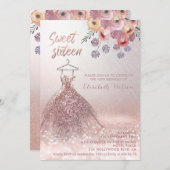 Invitation Romantique Rose or glitterie robe florale Invitati (Devant / Derrière)
