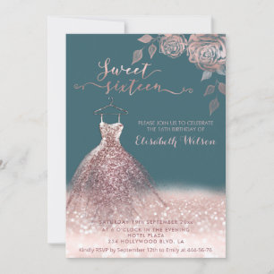 Invitation Romantique Rose or glitterie robe roses Invitatiat