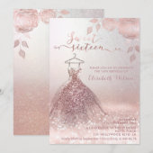 Invitation Romantique Rose or glitterie robe roses Invitatiat (Devant / Derrière)