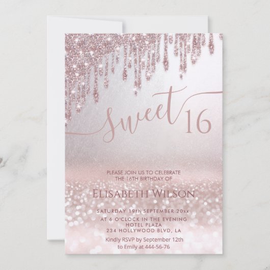 Invitation Romantique Rose or glitzer ombre photo papillon (Devant)