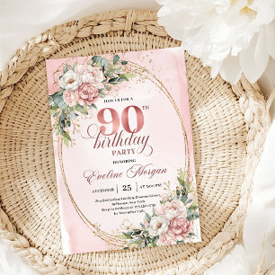 Invitation Romantique Rose Pâle Or Vert 90e Anniversaire