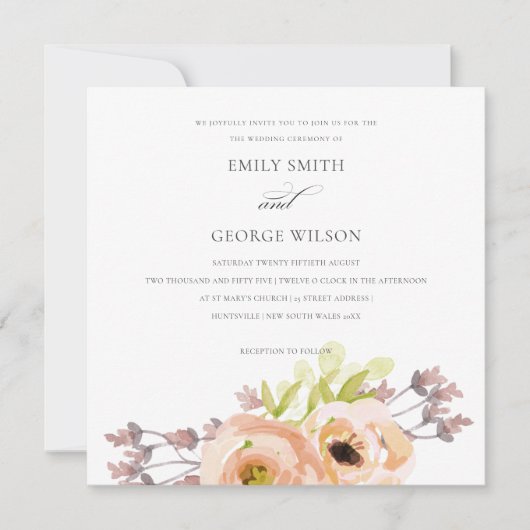 INVITATION ROMANTIQUE ROSE PEACH BLUSH PURPLE MARIAGE FLORAL (Devant)