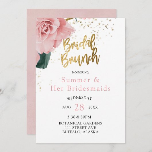 Invitation Romantique rose Roses Gold Bridesmaitres Déjeuner (Devant / Derrière)
