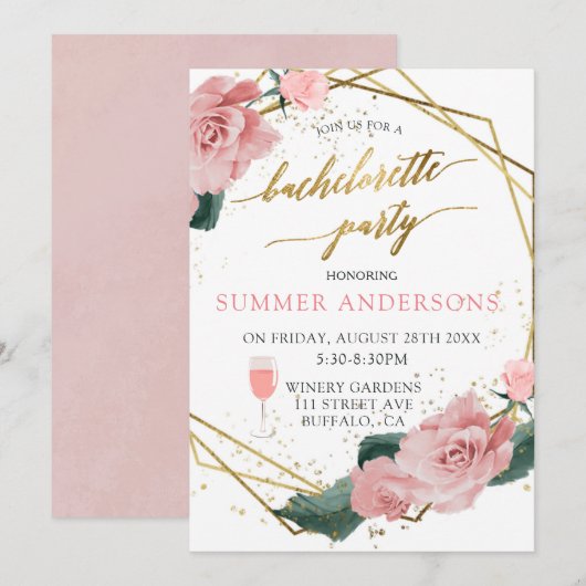 Invitation Romantique rose Roses Gold Vin Bachelorette (Devant / Derrière)