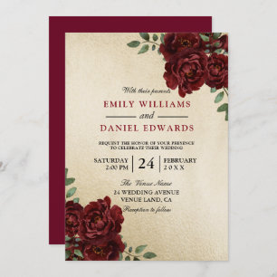 Invitation Romantique Rose rouge Bourgogne Golden Elegant Mar
