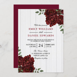 Invitation Romantique Rose Rouge Bourgogne Mariage en bois In