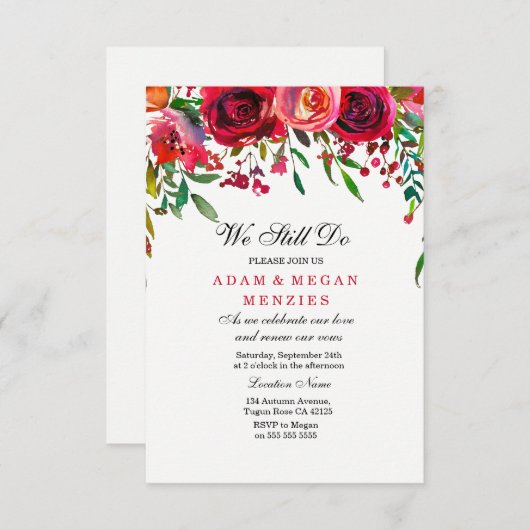 Invitation Romantique Rose rouge Mariage Vow Renouvellement I (Devant / Derrière)