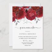 Invitation Romantique Roses Rouges Argent Feuille Quinceanera (Devant)
