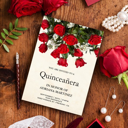 Invitation Romantique Roses Rouges Bouquet Quinceanera