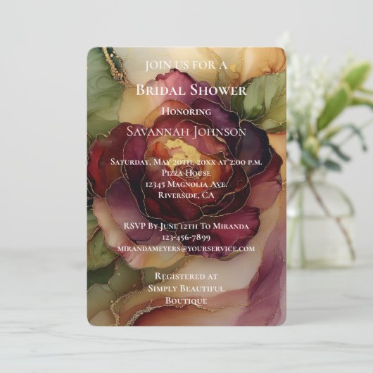 Invitation Romantique Rouge Bourgogne Rose Fête des mariées f (Debout devant)