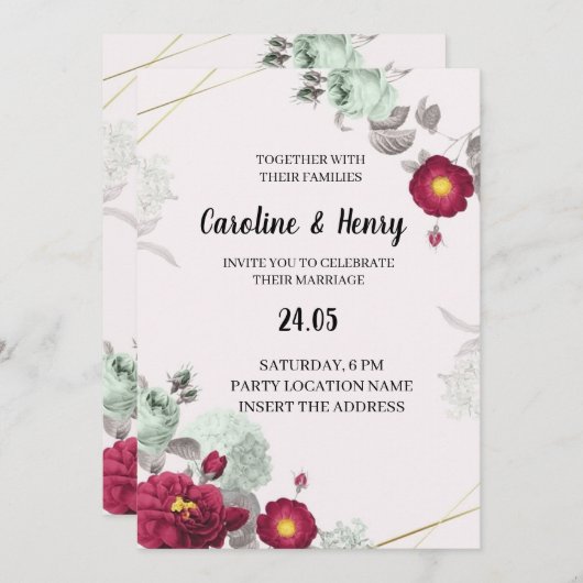 Invitation Romantique Rouge et Vert Élégant Mariage Invitatio (Devant / Derrière)