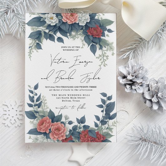 Invitation Romantique rouge rose bleu hiver Mariage Floral