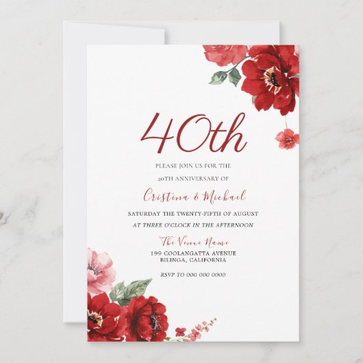 Invitation Romantique Ruby Red Floral 40e Anniversaire (Devant)
