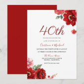 Invitation Romantique Ruby Red Floral 40e Anniversaire (Devant / Derrière)