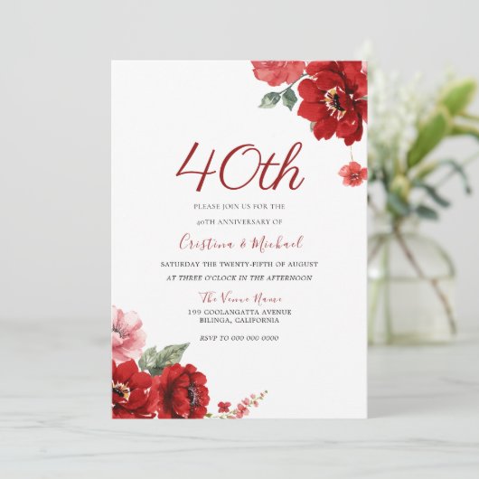 Invitation Romantique Ruby Rouge Floral 40e anniversaire (Debout devant)