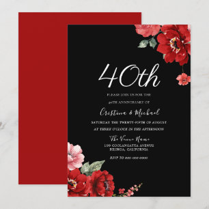 Invitation Romantique Ruby Rouge & Noir Floral 40e Anniversai