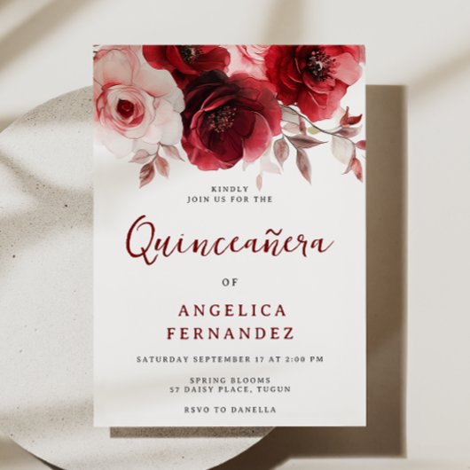 Invitation Romantique Ruby Rouge Rose Quinceanera Party