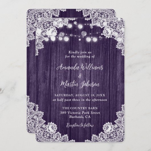 Invitation Romantique Russe violet Mariage dentelle en bois (Devant / Derrière)