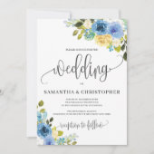 Invitation Romantique rustique bleu jaune fleuri mariage (Devant)