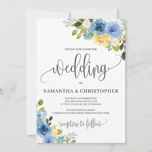 Invitation Romantique rustique bleu jaune fleuri mariage (Devant)