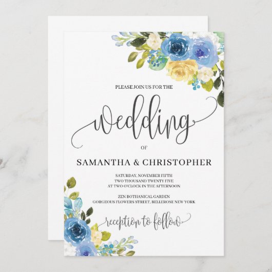 Invitation Romantique rustique bleu jaune fleuri mariage (Devant / Derrière)