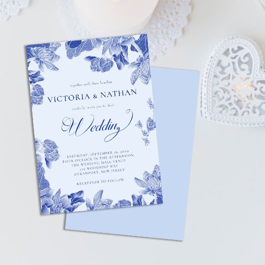Invitation Romantique Rustique Bleu Lotus Floral Mariage