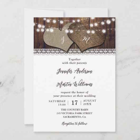 Invitation Romantique Rustique Bois Burlap et Mariage de dent (Devant)