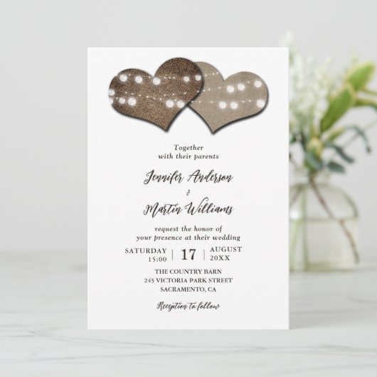 Invitation Romantique Rustique Burlap String Mariage (Debout devant)