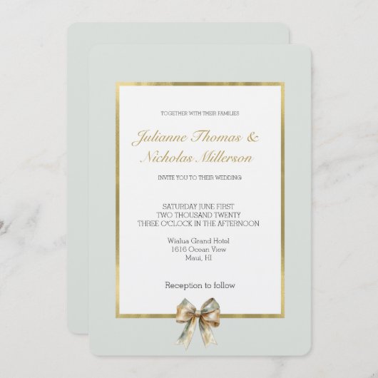 Invitation Romantique Rustique Green Blanc Bow Mariage (Devant / Derrière)