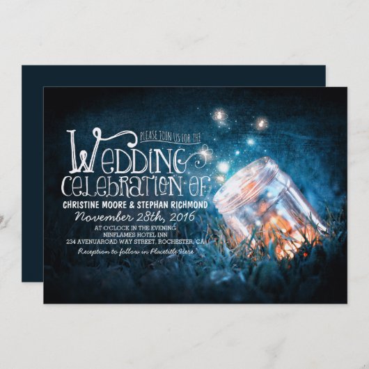 Invitation Romantique rustique mason jarre & lucioles mariage (Devant / Derrière)