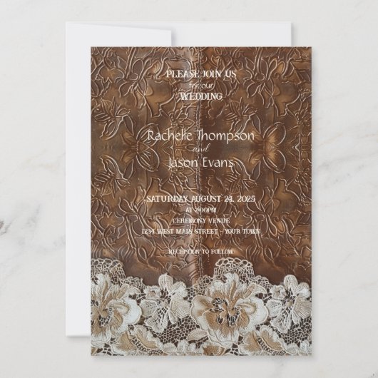 Invitation Romantique rustique pays occidental cuir et dentel (Dos)