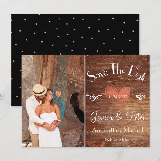 Invitation Romantique Rustique Photo Coeur & Bois Save The Da (Devant / Derrière)
