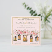 Invitation Romantique Rustique Rose Lanternes d'or Mariage Fl (Debout devant)