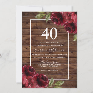 Invitation Romantique Rustique Roses Rouges 40e anniversaire 