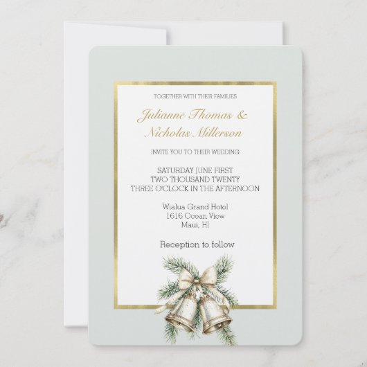 Invitation Romantique Rustique Vert Blanc Or Cloches Bow Mari (Devant)