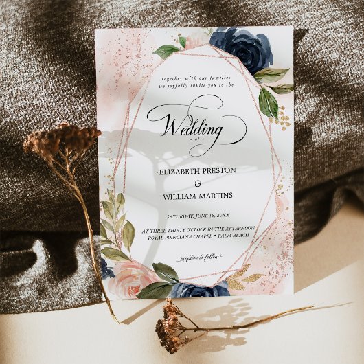 Invitation Romantique Script Blush Rose Marine Mariage Floral