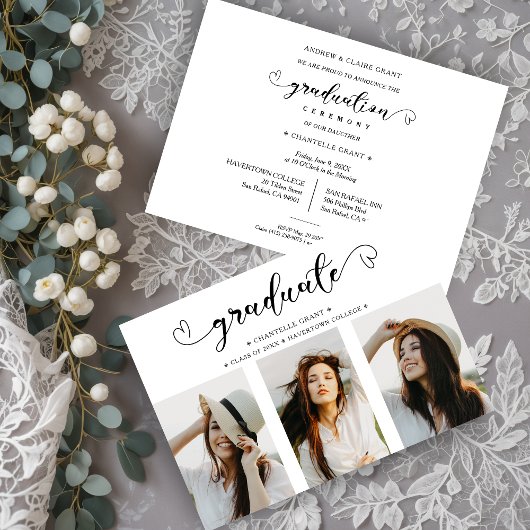 Invitation Romantique Script Collage 3 Photos Graduation