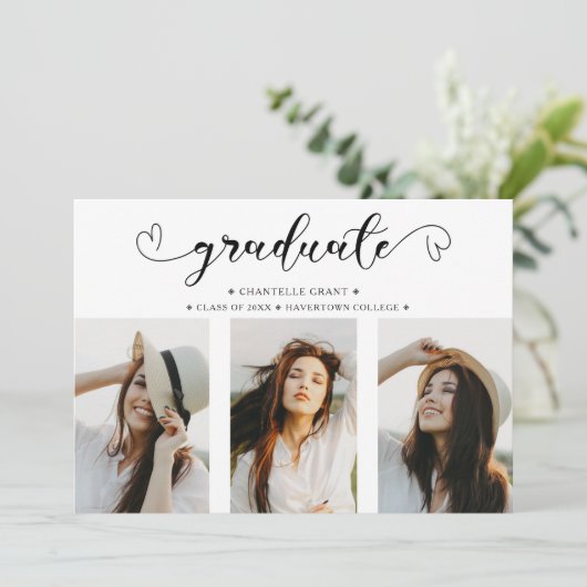 Invitation Romantique Script Collage 3 Photos Graduation (Debout devant)