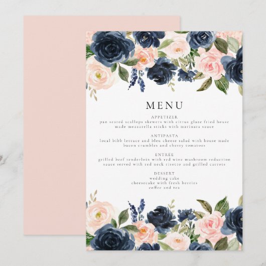 Invitation Romantique & sucré Marine Blush Floral Diner Menu (Devant / Derrière)