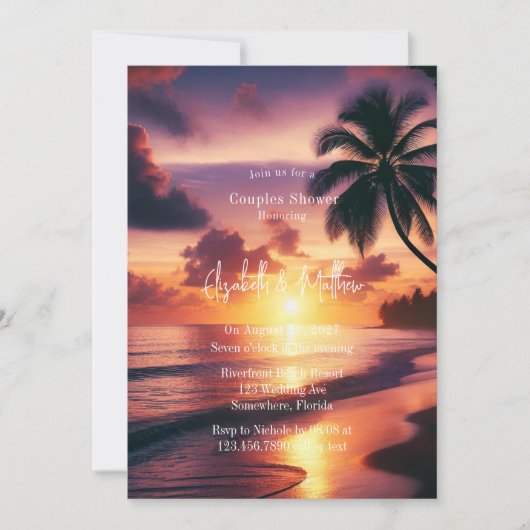 Invitation Romantique Sunset Beach Couples Douche (Devant)