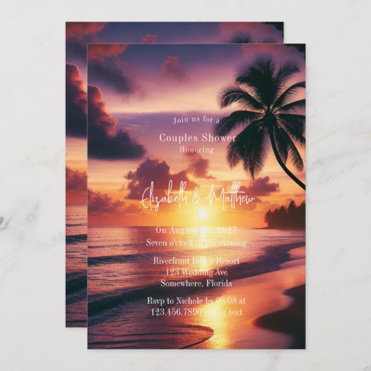 Invitation Romantique Sunset Beach Couples Douche (Devant / Derrière)