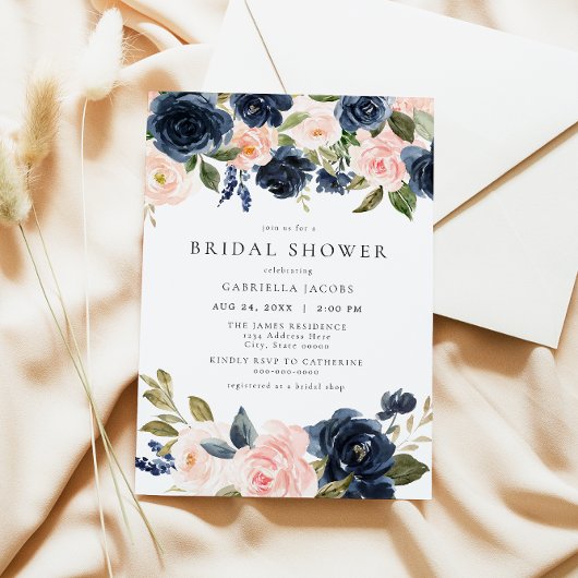 Invitation Romantique & Sweet Navy Blush Fête des mariées flo