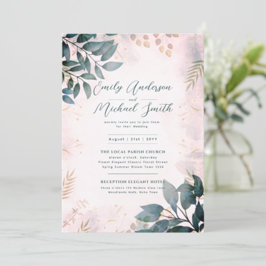 Invitation Romantique Turquoise Blush Photo Qr Code Mariage R (Debout devant)