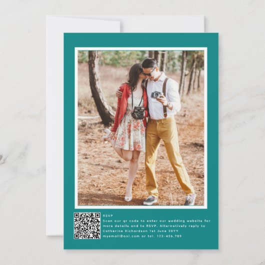 Invitation Romantique Turquoise Photo Qr Code Rsvp Mariage (Dos)