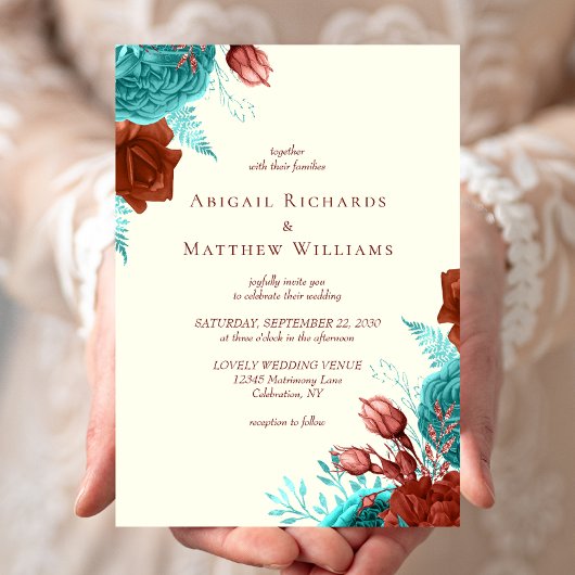 Invitation Romantique Turquoise rouille ivoire Mariage floral